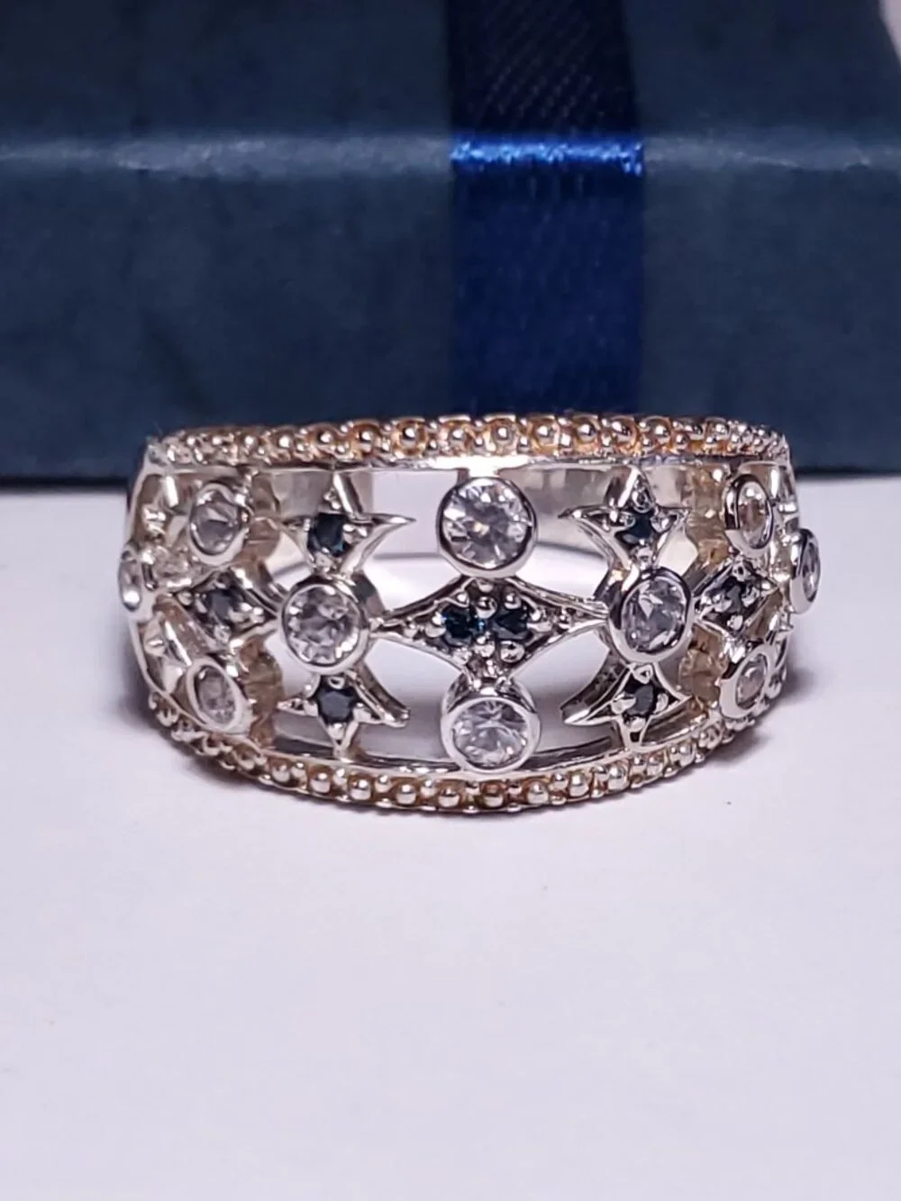 Estate .76ctw Natural Blue Diam & Sapphire open Bezel Sterling 925Band Ring24423